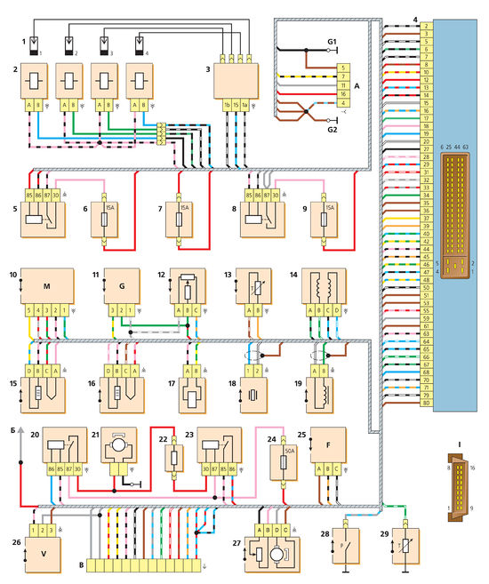 Схема соединений системы управления двигателем Lada Kalina
