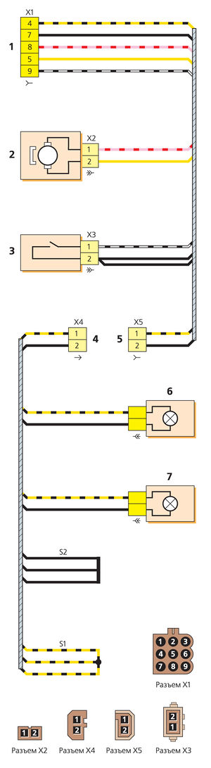 Схема соединений жгута проводов багажника и фонарей освещения номерного знака Lada Kalina