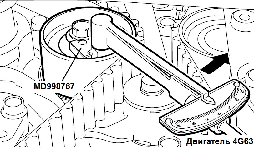 Прикладывание момента к ролику автоматического натяжителя ремня привода газораспределительного механизма двигателя 4G63 Mitsubishi Outlander I