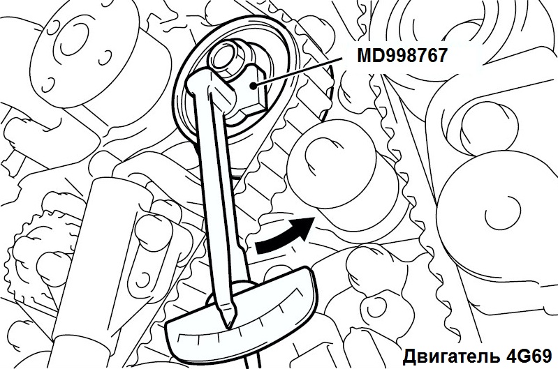 Прикладывание момента к ролику автоматического натяжителя ремня привода газораспределительного механизма двигателя 4G69 Mitsubishi Outlander I
