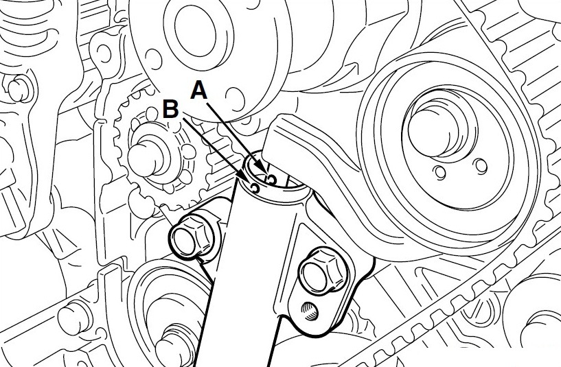 Совмещение отверстий на корпусе и штоке автоматического натяжителя ремня привода газораспределительного механизма двигателей 4G63 и 4G69 Mitsubishi Outlander I