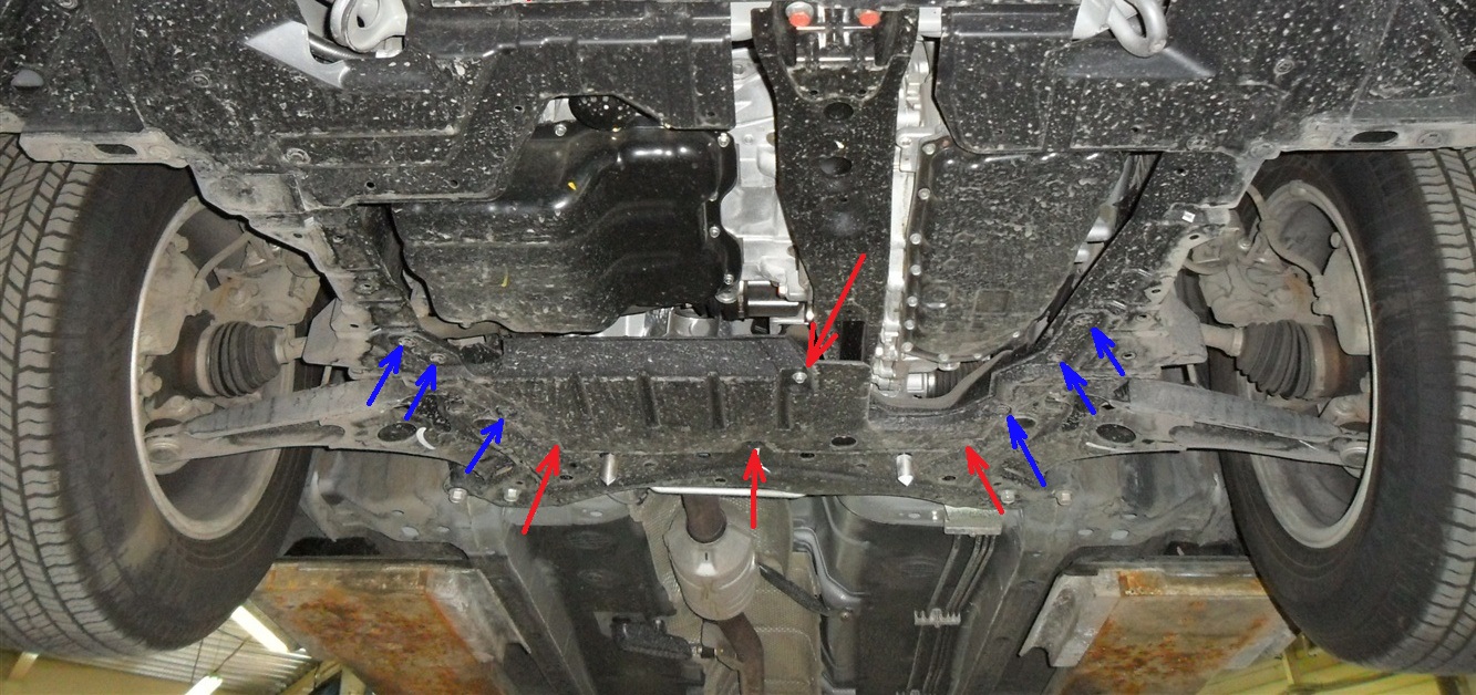 Размещение элементов крепления заднего пыльника двигателя Mitsubishi Outlander XL