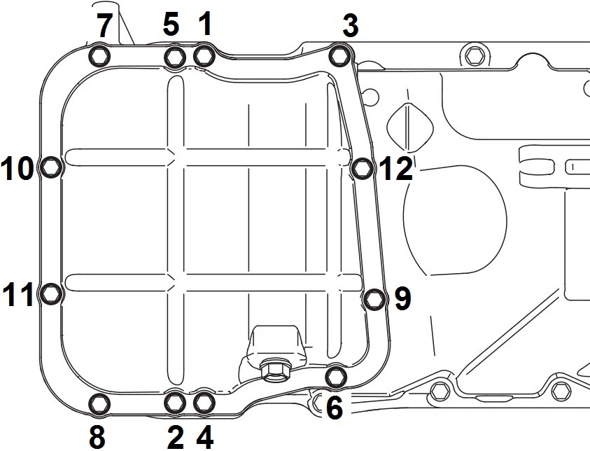 Последовательность ослабления болтов крепления поддона картера двигателя 6B31 Mitsubishi Outlander XL