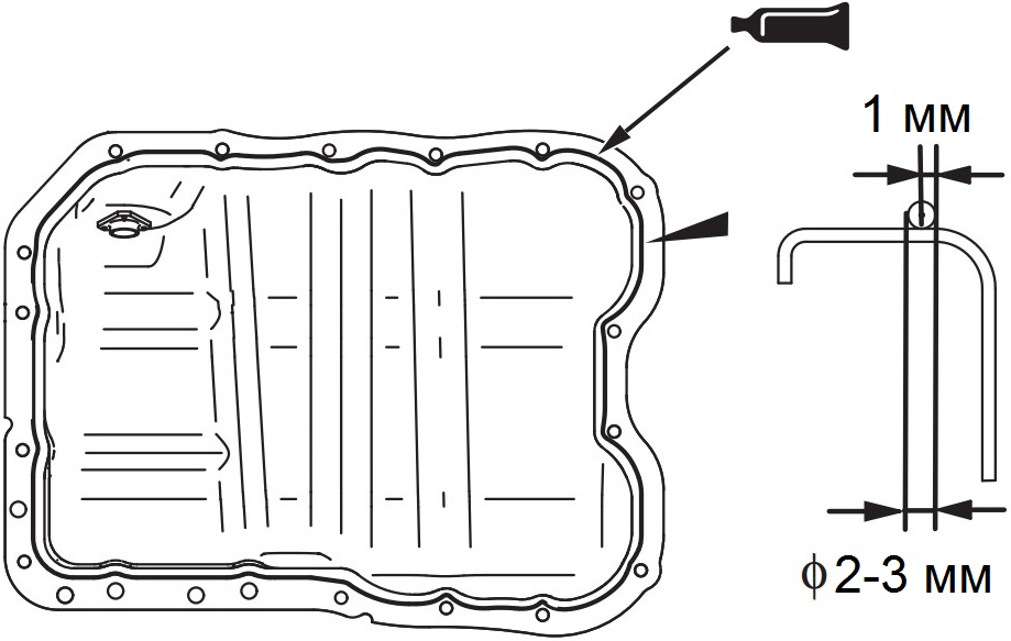 Схема нанесения герметика на фланец масляного поддона двигателя 4B12 Mitsubishi Outlander XL