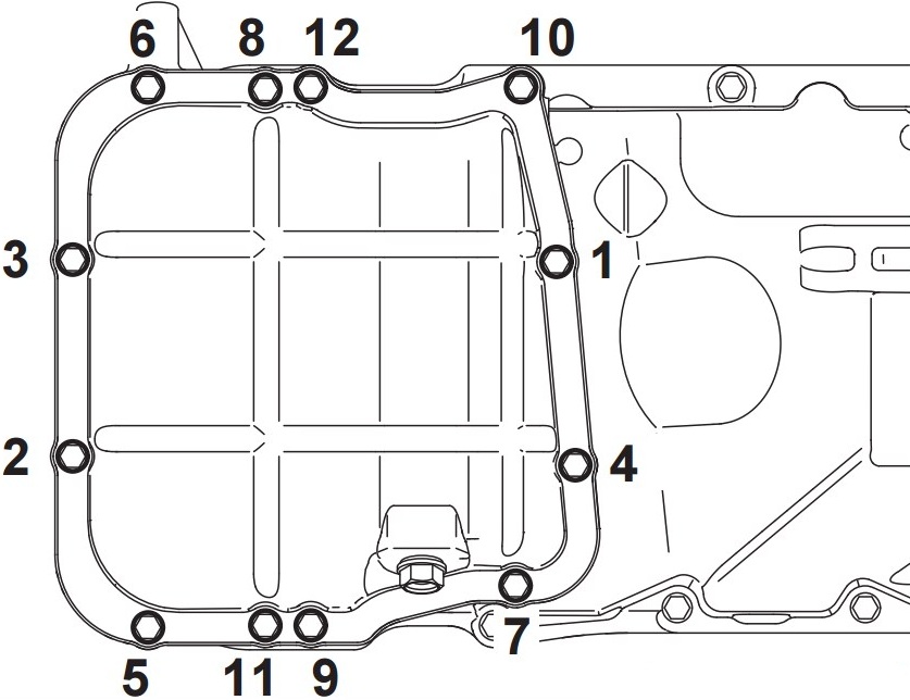 Последовательность затяжки болтов крепления поддона к картеру двигателя 6B31 Mitsubishi Outlander XL