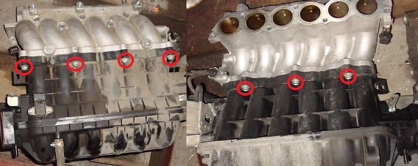 Размещение элементов крепления ресивера к впускному коллектору двигателя 6B31 Mitsubishi Outlander XL