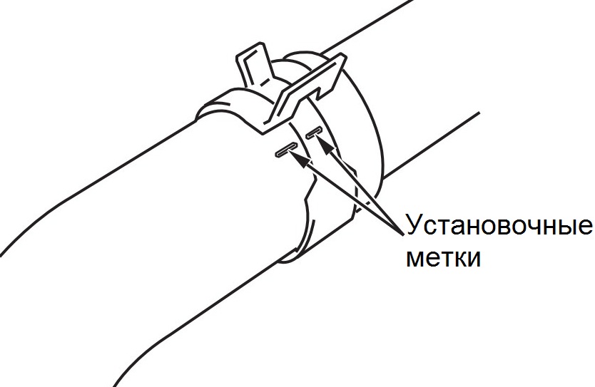 Установочные метки относительного положения шланга радиатора и хомута выпуска до 02.2009 Mitsubishi Outlander XL
