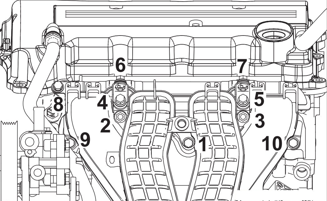 Последовательность затяжки гаек и болтов крепления впускного коллектора с элементами системы питания двигателя 4B12 Peugeot 4007