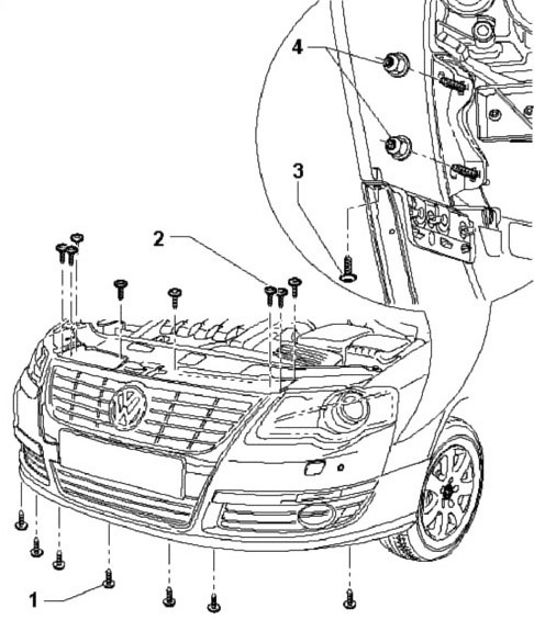 Схема креплений переднего бампера Volkswagen Passat B6 2005-2010