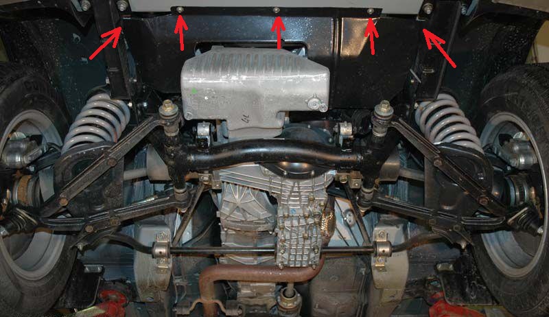 Размещение болтов крепления переднего брызговика двигателя Chevrolet Niva