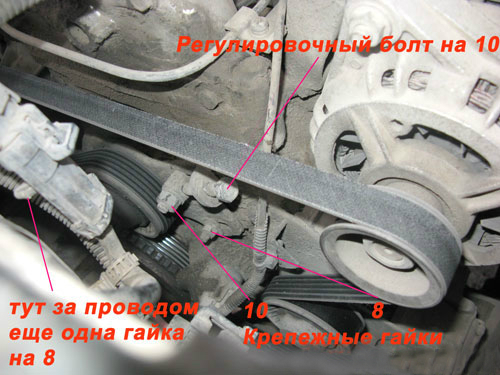 Последовательность регулировки натяжения ремня привода вспомогательных агрегатов Chevrolet Niva
