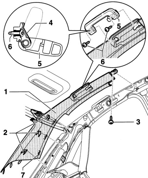 Снятие и установка облицовки задней стойки D Audi A4 II (B6)