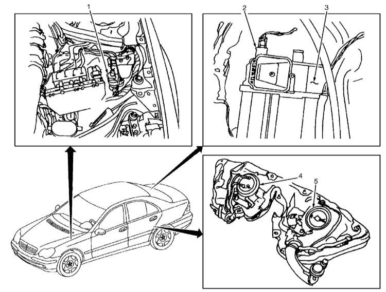 Схема расположения компонентов систем снижения токсичности. Модели С240 и С320 Mercedes-Benz W203