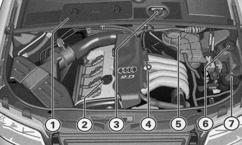 Вид под капот 4-цилиндрового бензинового двигателя Audi A4
