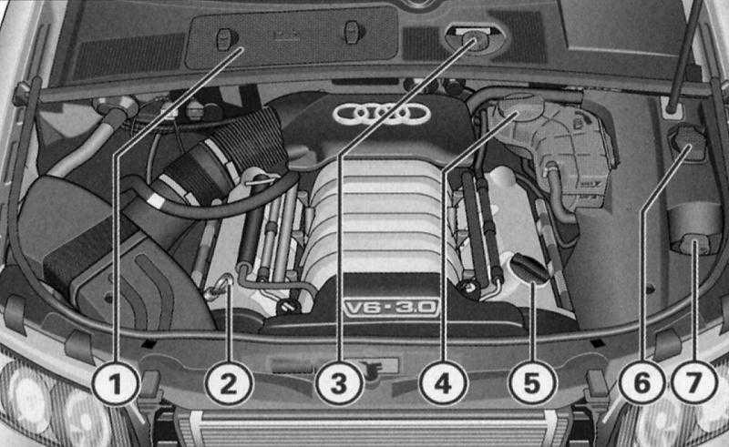Вид под капот 6-цилиндрового бензинового двигателя Audi A4