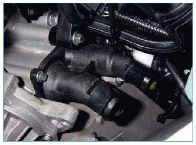 Расположение корпуса термостата на двигателе автомобиля Ford Focus 2