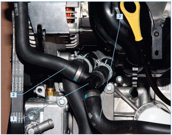Принцип соединений корпуса термостата, расширительного бачка и отводящого шланга радиатора отопителя Ford Focus 2