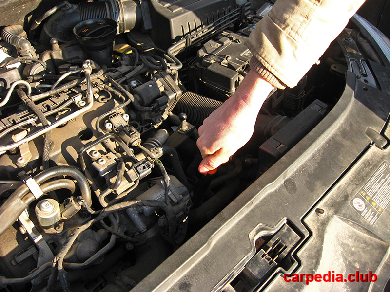 Плотно вставить щуп двигателя на автомобиле Skoda Fabia MK2 5J 2007-2014