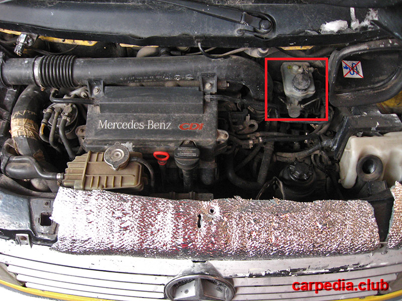 Расположение бачка тормозной жидкости Mercedes Vito I W638 1996 - 2003