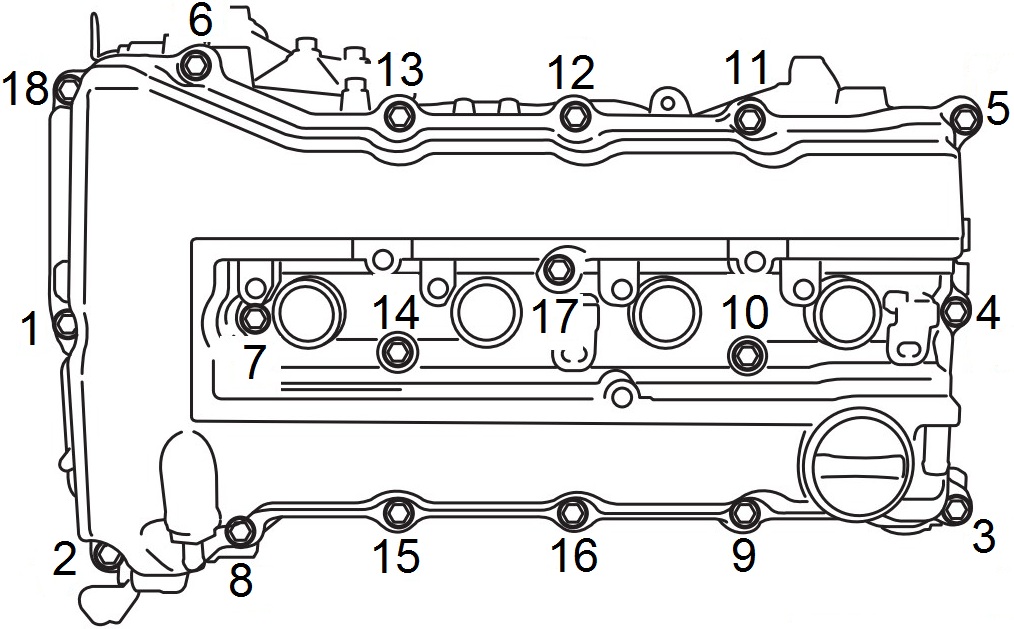 Последовательность ослабления болтов крепления крышки головки блока цилиндров двигателей 4B12 и 4B11 Mitsubishi Outlander XL