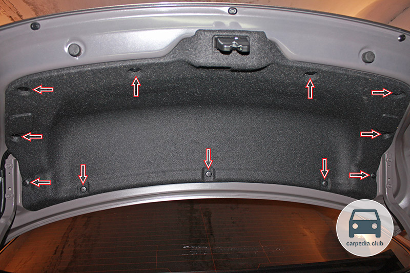 Расположение пистонов обшивки багажника на автомобиле Hyundai Elantra J5 MD 2010-2016