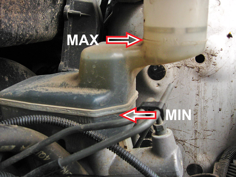 Метки минимального и максимального уровня тормозной жидкости в бачке Toyota RAV4 CA20W