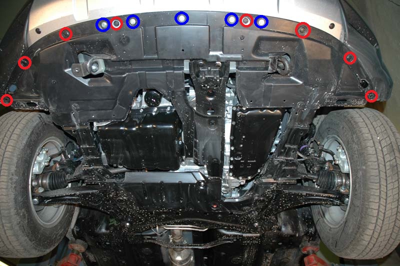 Размещение пистонов и болтов крепления переднего пыльника двигателя к переднему бамперу Mitsubishi Outlander XL