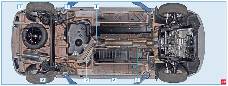 Расположение системы выпуска отработавших газов на автомобиле с двигателем 1,6 (16V) Lada Largus