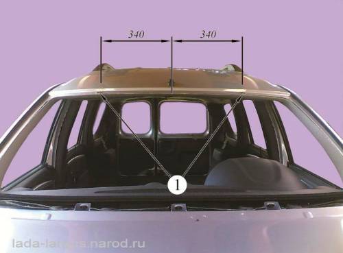 Схема наклейки дистанционных прокладок на проем ветрового окна Lada Largus