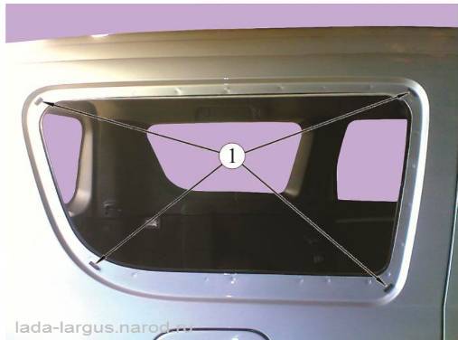 Схема наклейки дистанционных прокладок на проем бокового окна Lada Largus
