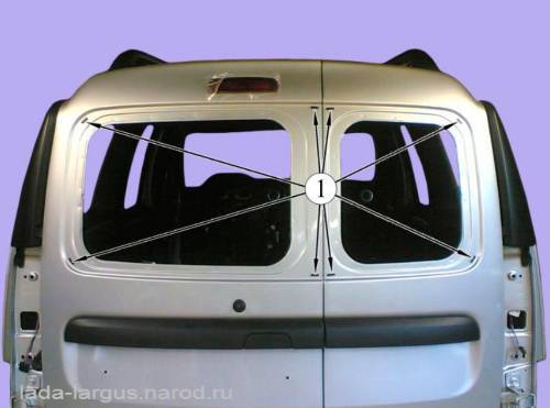 Схема наклейки дистанционных прокладок на проемы окон погрузочных дверей Lada Largus