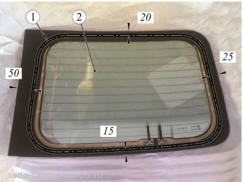 Схема нанесения клеевого шва на стекло окна погрузочной двери левой Lada Largus
