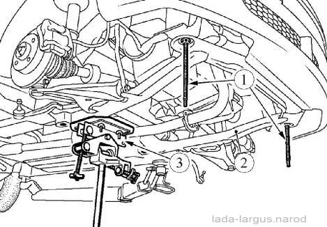 Установка приспособлений для демонтажа подрамника передней подвески Lada Largus
