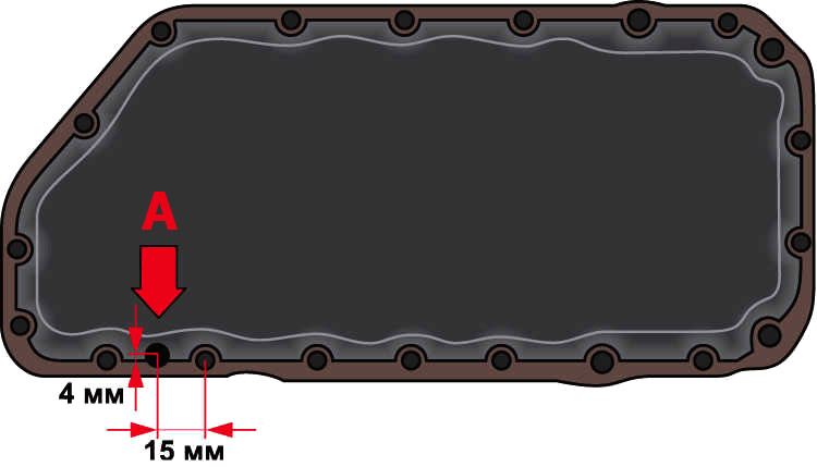 Схема нанесения герметика на фланец масляного картера бензинового двигатея автомобиля Skoda Fabia I