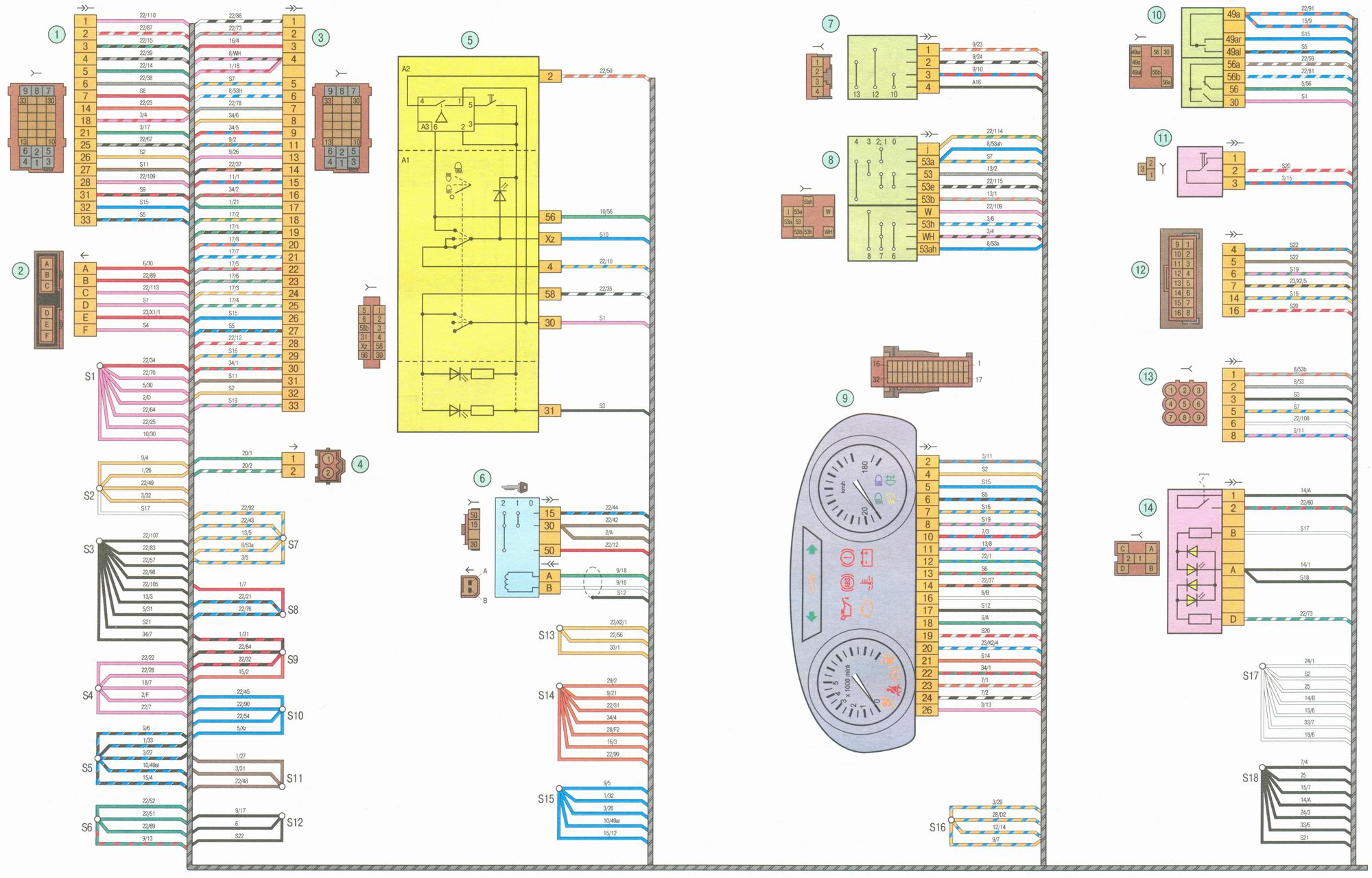 Первая схема соединения жгута проводов панели приборов Лада Гранта