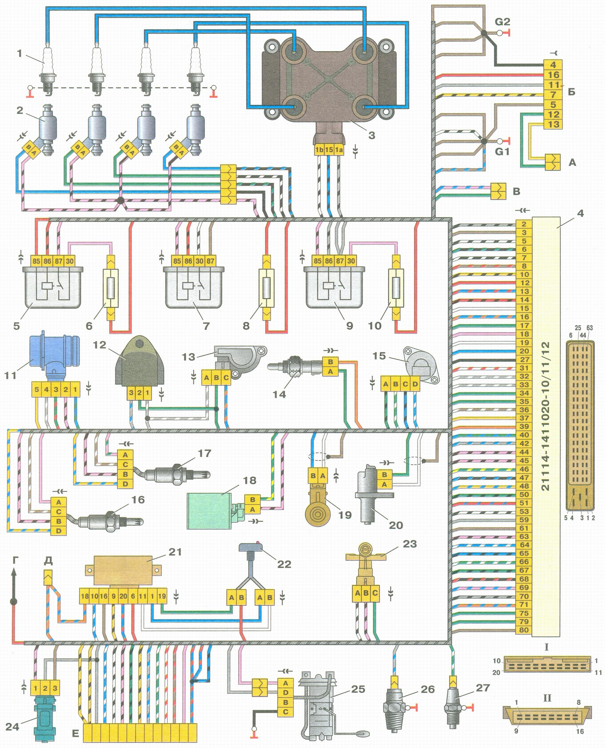 Схема соединений системы управления двигателем под нормы токсичности Евро-3 ВАЗ (Lada) Kalina 1118