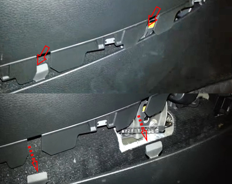 Рассоединение петель и снятие левой пластиковой панели в ногах переднего пассажира Volkswagen Passat B6 2005-2010