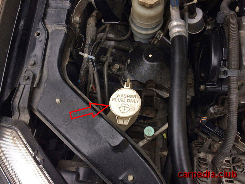 Расположение крышки бачка омывателя на автомобиле Mitsubishi Galant IX