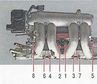 Последовательность затяжки болтов и гаек крепления впускного коллектора к головке блока цилиндров Nissan Primera
