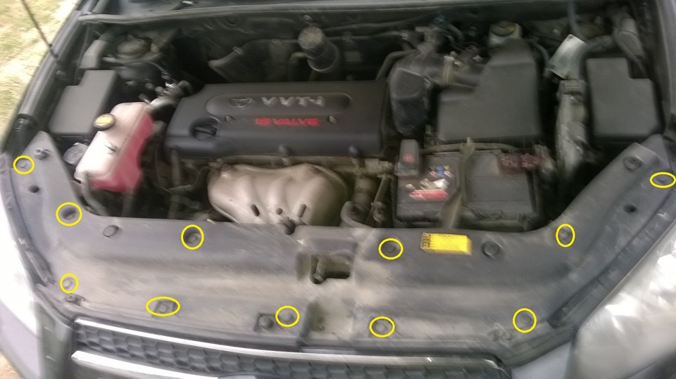 Места извлечения пистонов крепления панели над радиатором Toyota RAV4