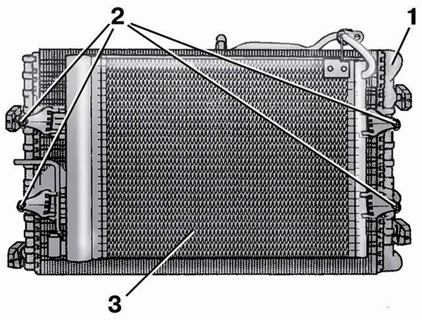 Схема крепления коденсатора к радиатору автомобиля Skoda Fabia I