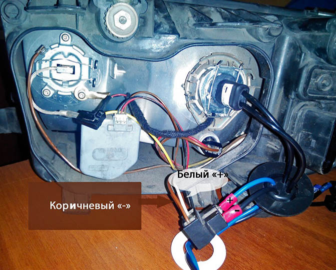 Подключение проводов ксеноновой лампы передней фары автомобиля Skoda Fabia I