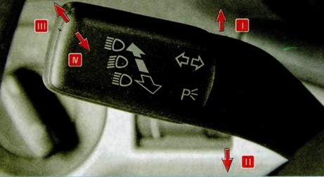 Рычаг переключателя наружного освещения и указателей поворота с кнопкой включения звукового сигнала на панели Шкода Октавия