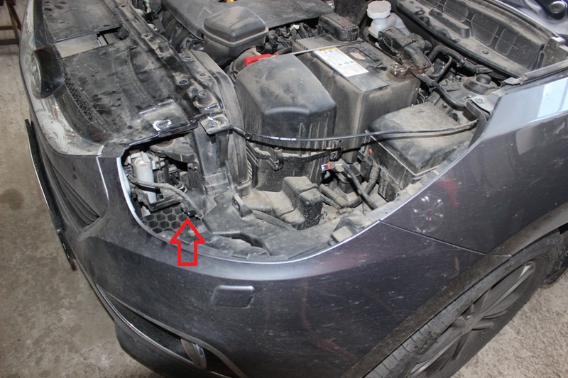 Расположение болта крепления штатного сигнала на автомобиле Hyundai ix35