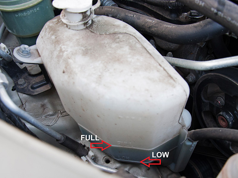 Размещение граничных меток уровня охлаждающей жидкости в расширительном бачке Mitsubishi Outlander XL