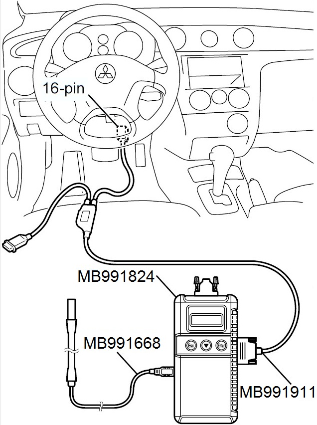 Подключение инструмента для измерения натяжения ремня привода вспомогательных агрегатов двигателя Mitsubishi Outlander I