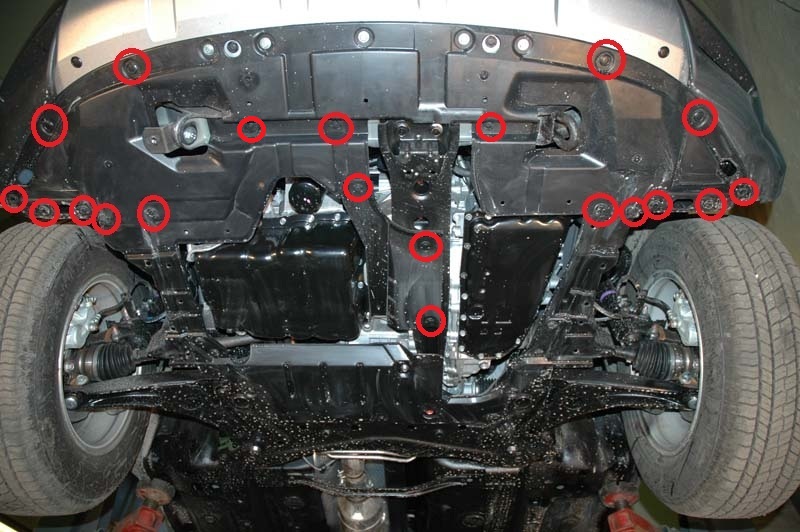 Размещение пистонов крепления переднего и нижнего брызговиков двигателя Mitsubishi Outlander XL