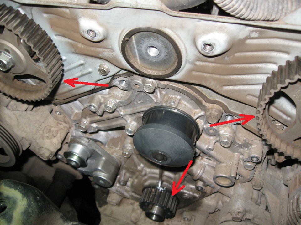 Размещение зубчатых шкивов распределительных валов и коленчатого вала двигателя 6B31 Mitsubishi Outlander XL