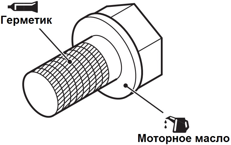 Места нанесения моторного масла и герметика на болт крепления маховика или пластины привода гидротрансформатора к коленчатому валу двигателя Mitsubishi Outlander XL