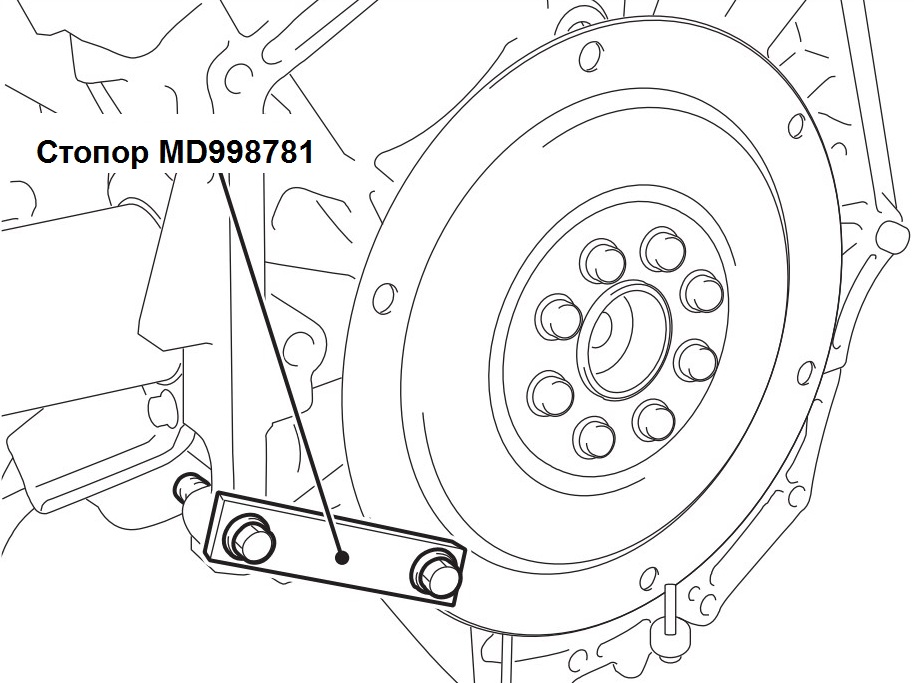 Фиксация специальным инструментом MD998781 пластины гидротрансформатора АКПП двигателя 6B31 Mitsubishi Outlander XL
